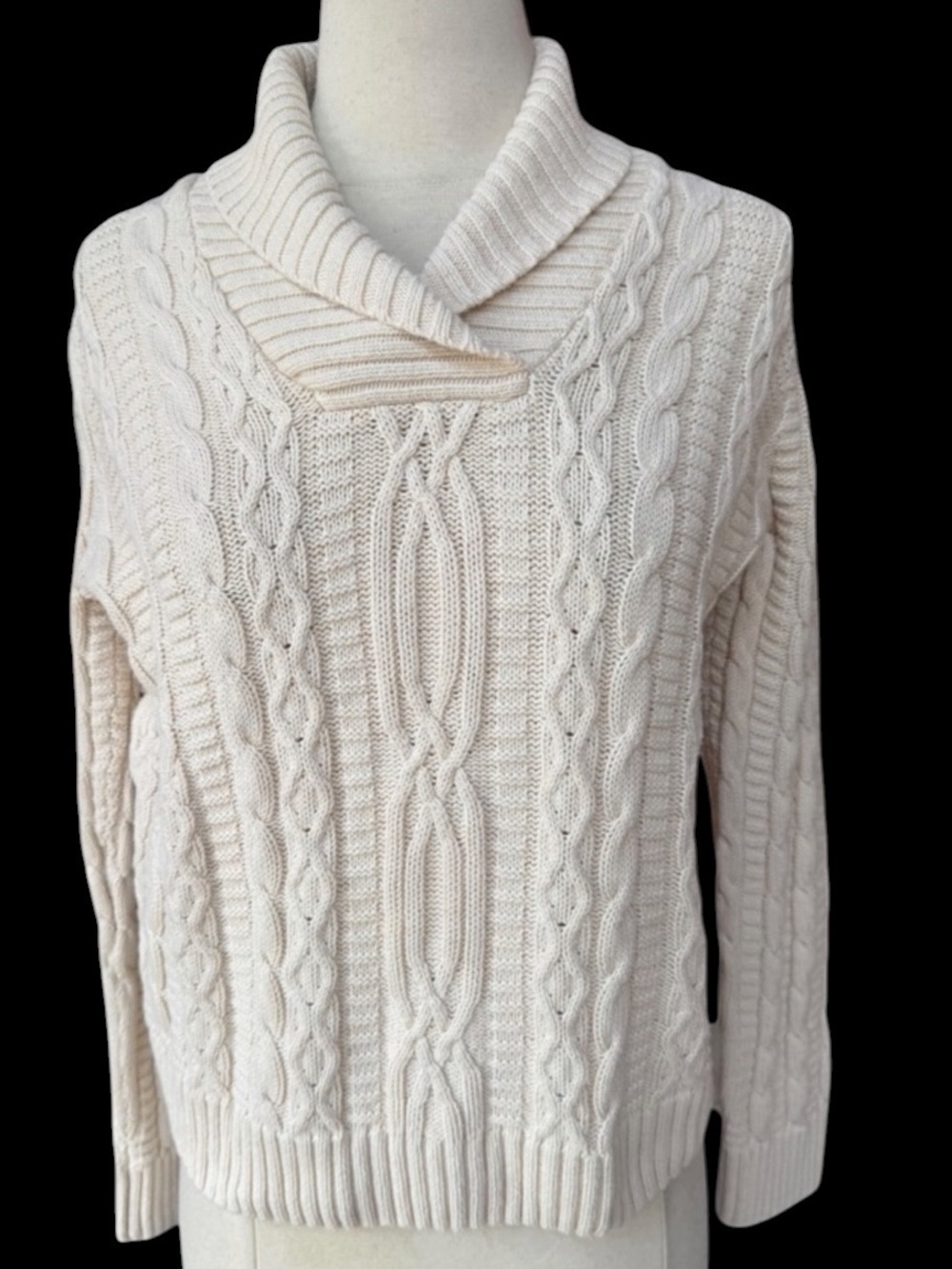 1990s Jeanne Pierre 100% Cream Cotton Lightweight Cable-Knit Sweater w/Shawl Col